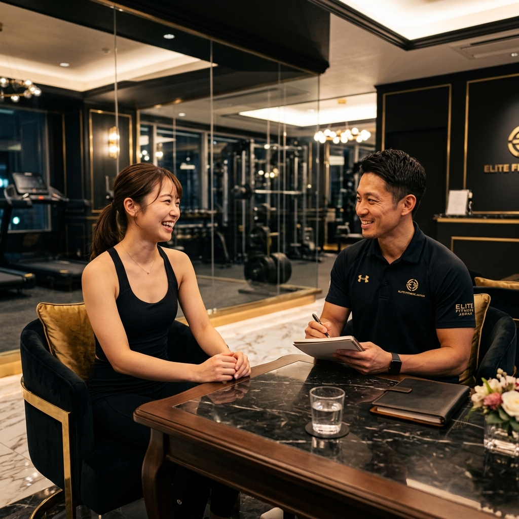 Trainer showing friendly counseling in REIGN FITNESS lounge